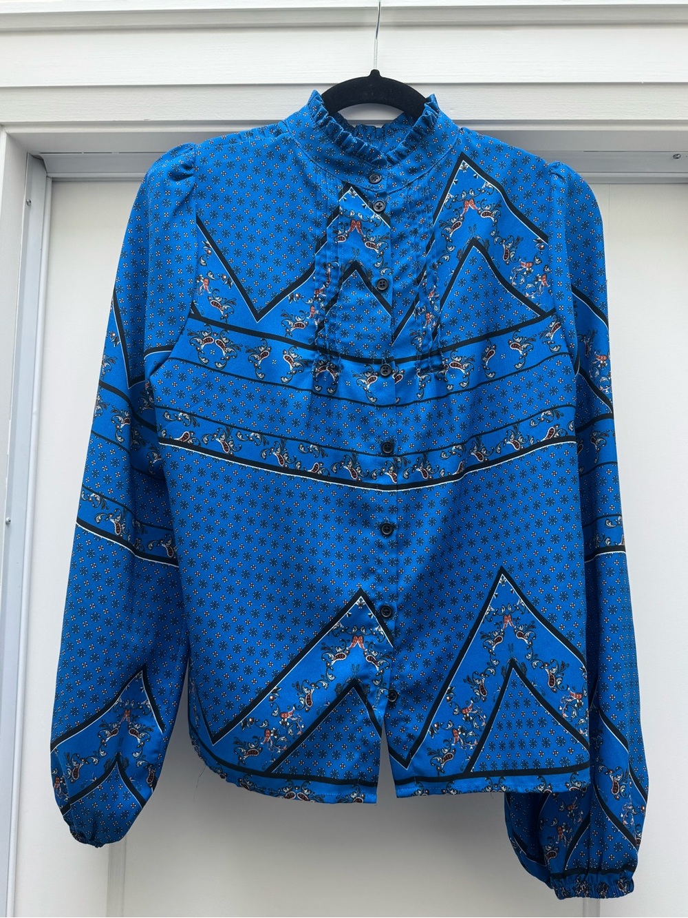 Blue Printed Ruffled Neck Blouse